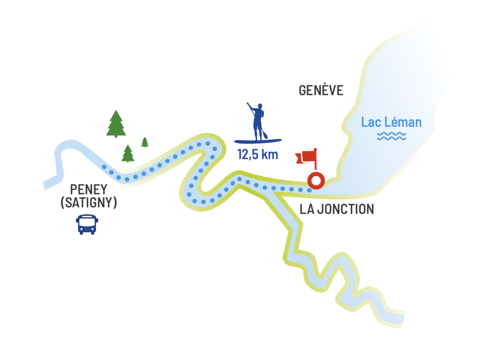 Plan de la descente de l'Arve et du Rhône en paddle, dans le canton de Genève