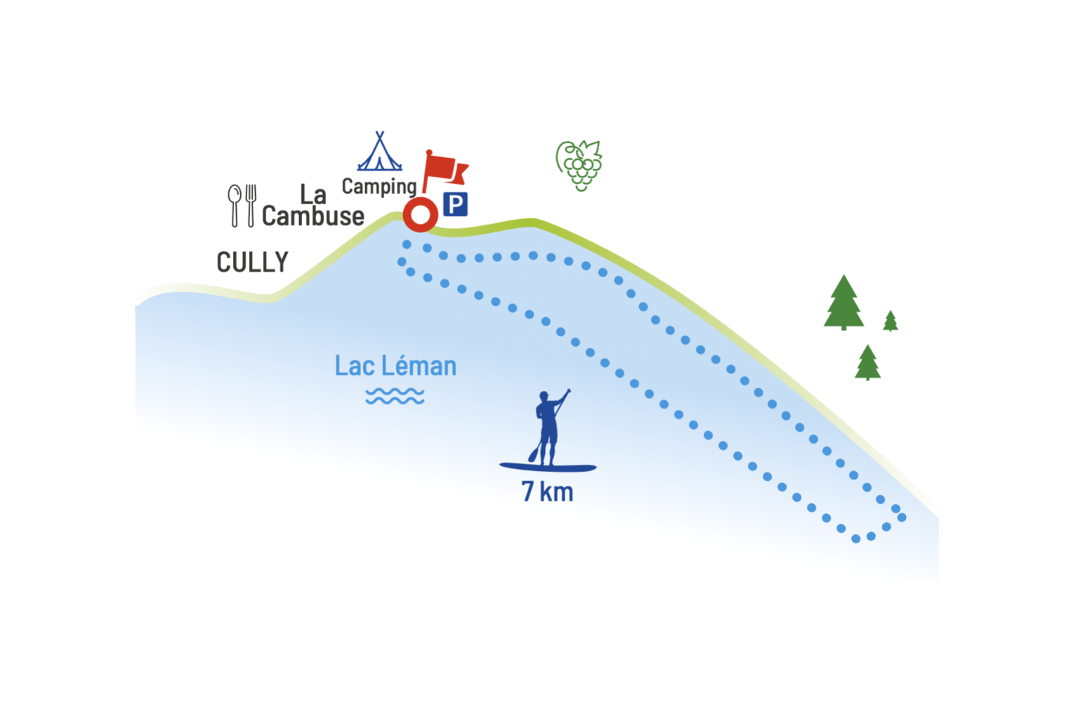 Plan du tour en Paddle sur le Léman entre Cully et Lavaux