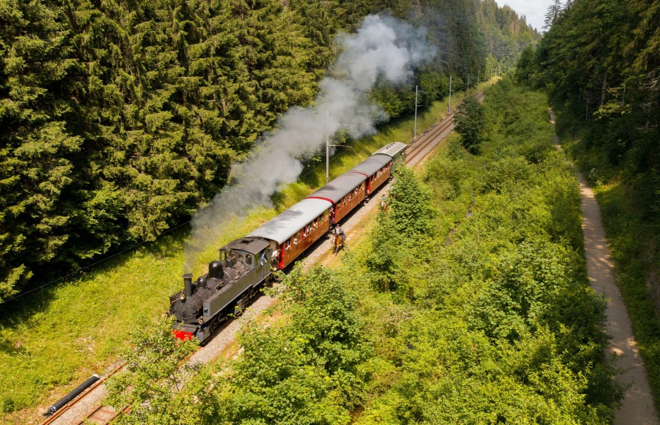 Ahanant dans les paysages singuliers du Jura, le train à vapeur est sur le point de subir une attaque de bandit.